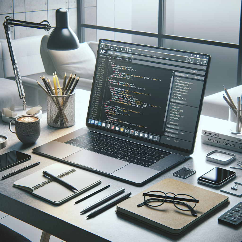 A realistic depiction of a modern desk with a laptop displaying API interface, surrounded by productive workspace items.