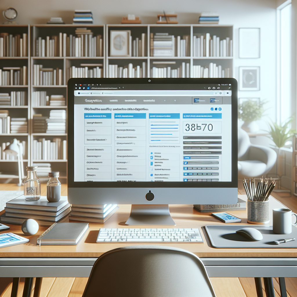 Modern office workspace with a computer displaying a website audit for web accessibility standards, surrounded by web development books and a coffee mug.