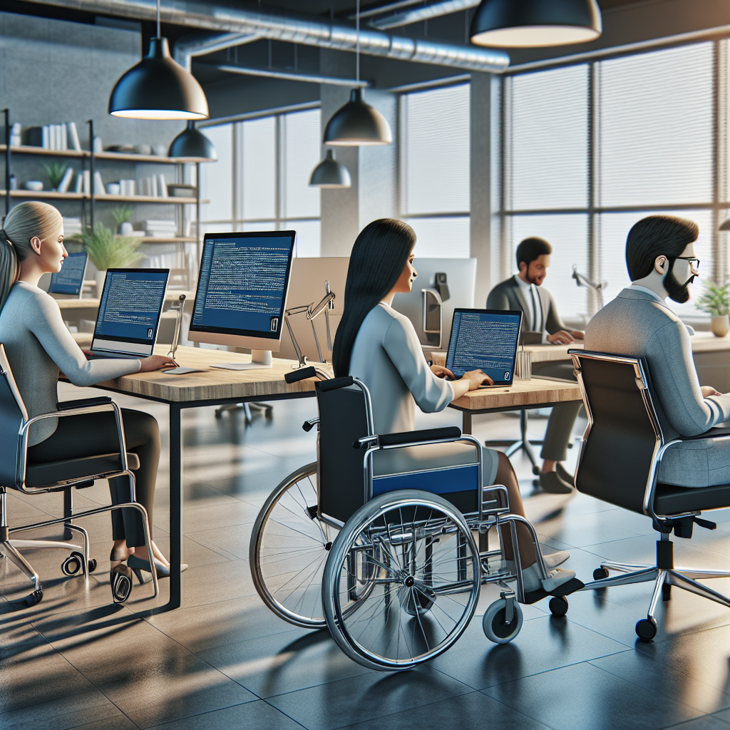 A modern office with diverse people using accessible technology on their computers.