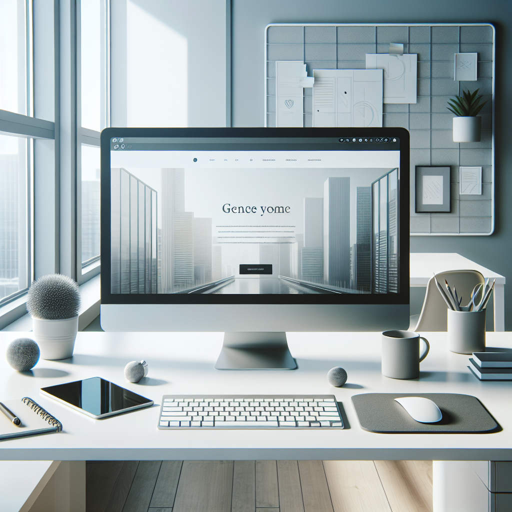 A modern workstation in a bright, well-lit office with a computer displaying an inclusive website design, surrounded by desk items.