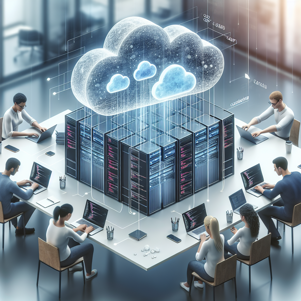 Realistic illustration depicting developers working on serverless architecture in a modern workspace, with an abstract cloud server in the background.