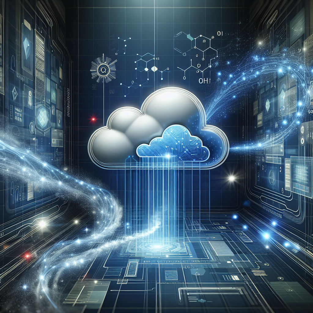A realistic depiction of a serverless architecture with a central cloud and digital data streams flowing into it.