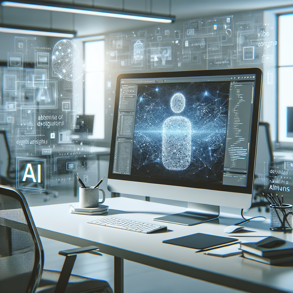 A modern office desk with a computer displaying AI-enhanced web development tools and design elements.