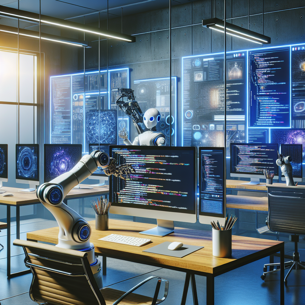 AI-powered web development environment with modern workspace and robotic arm assisting in design tasks.
