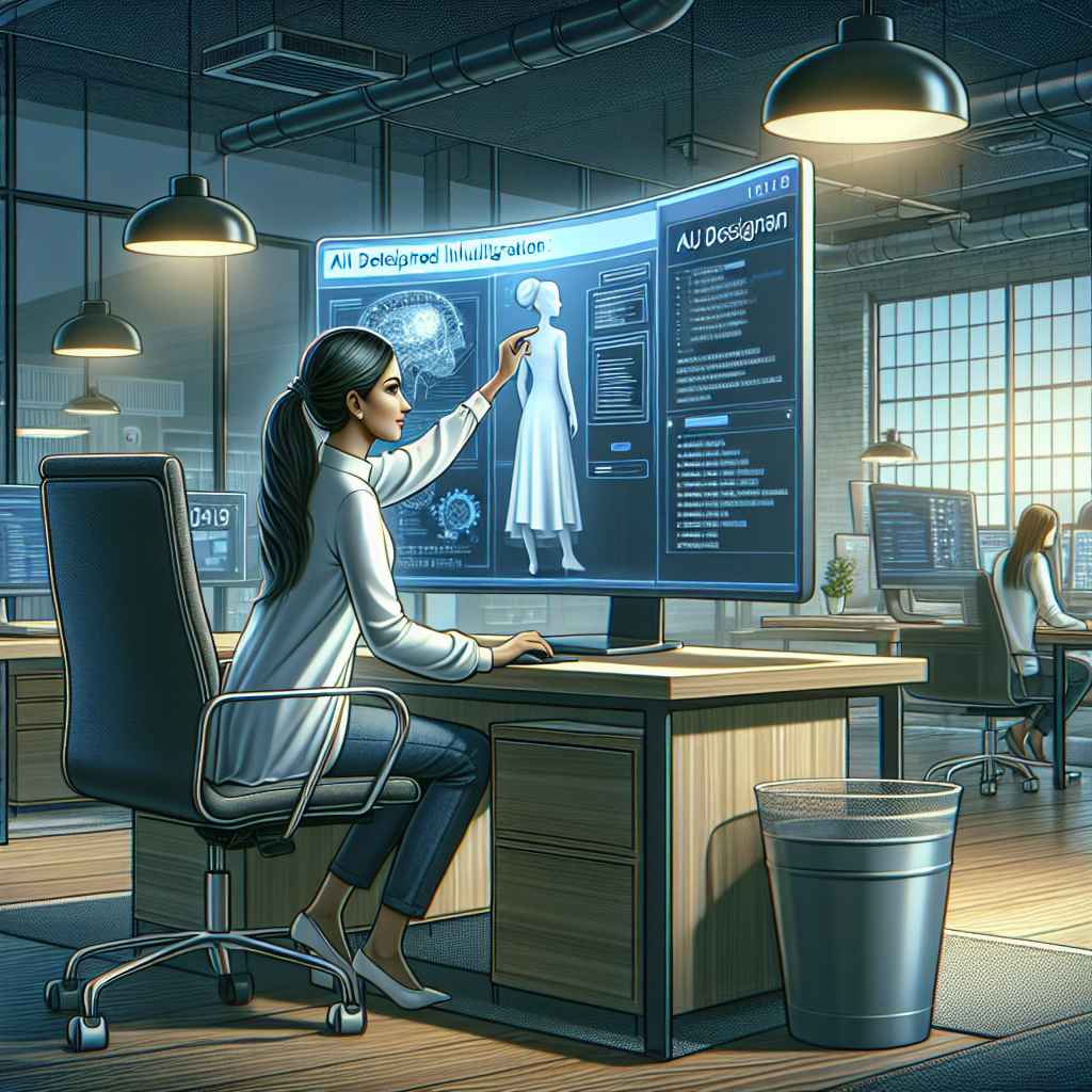 Image showing AI integration in web development with a person using AI-driven web design tools on a computer in a modern office setting.