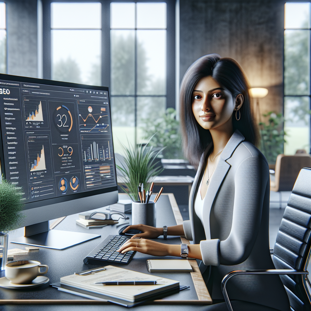 A digital marketer working on a computer with SEO metrics displayed in a modern office.