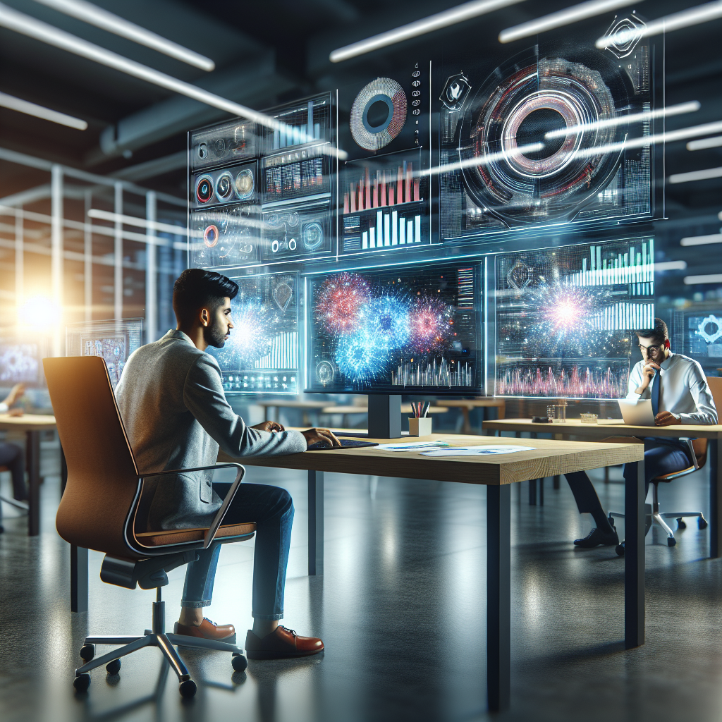 Digital marketing professional analyzing SEO data on a computer in a modern office.