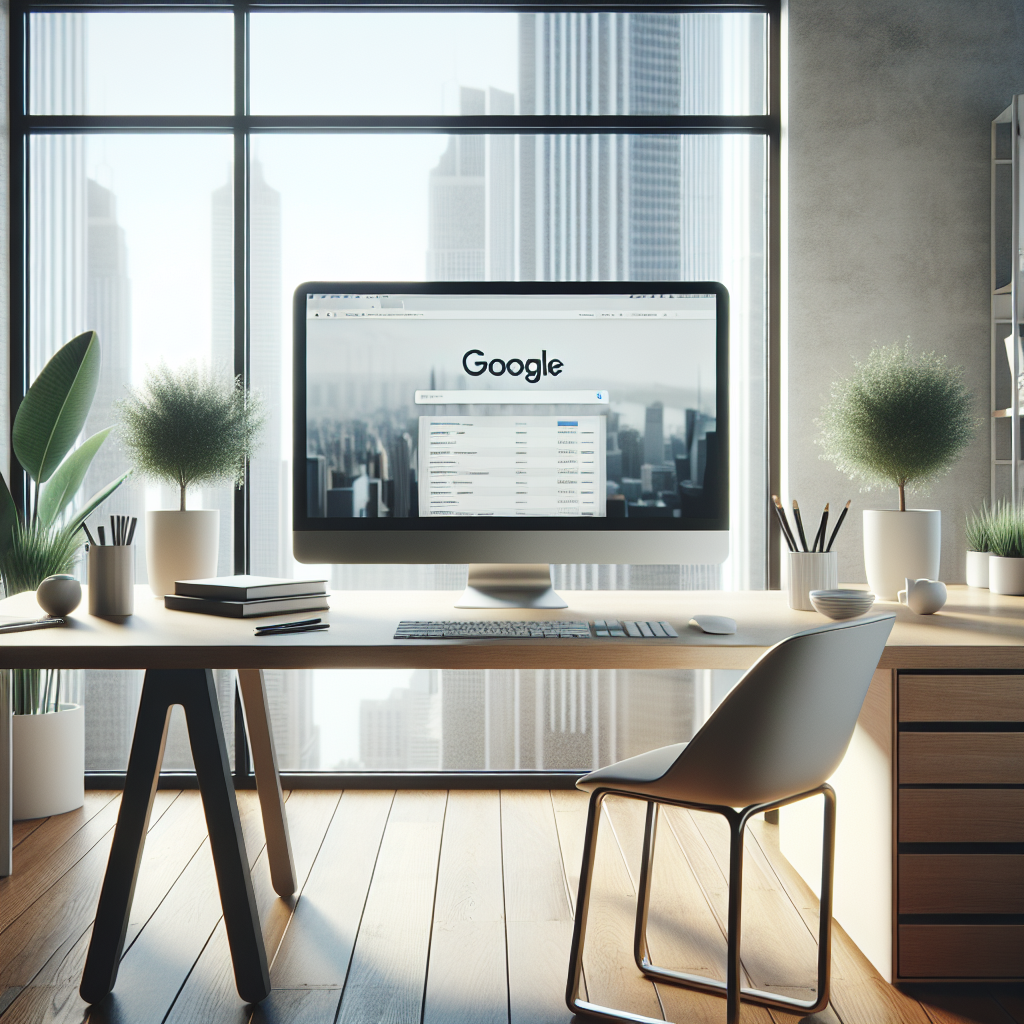 A modern office workspace with a computer displaying search engine results, surrounded by plants and office supplies in a minimalist setting.