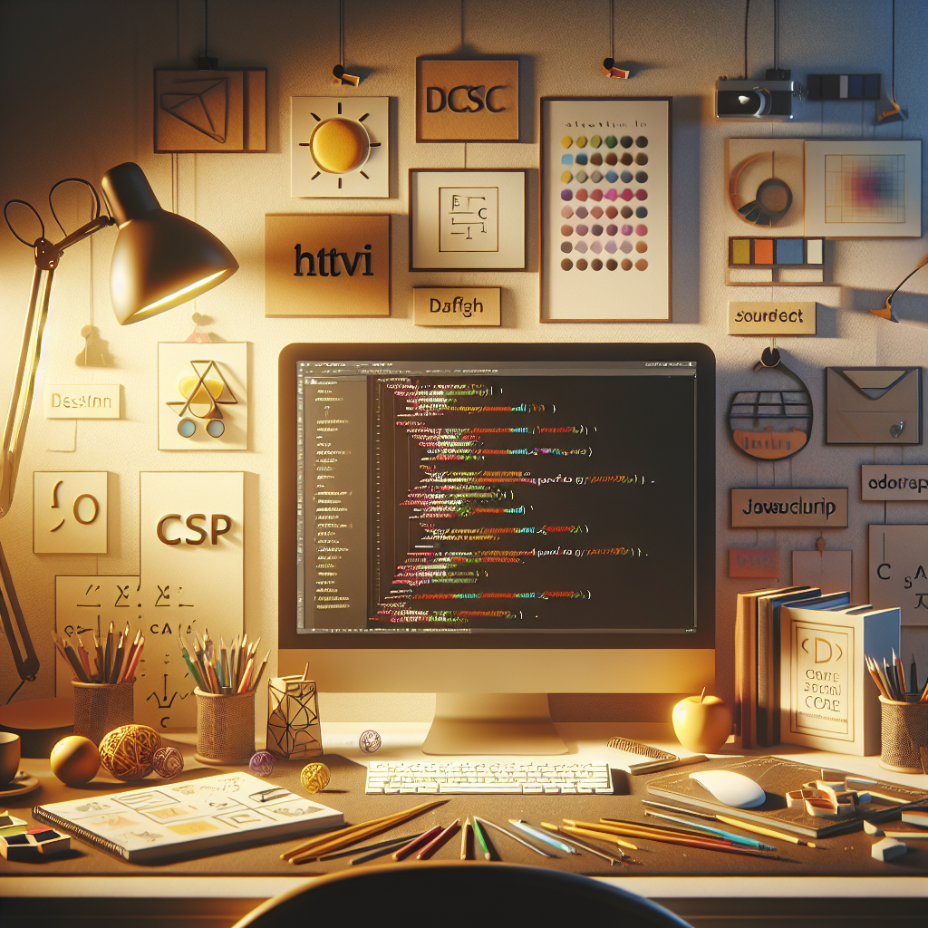 An organized workspace with a computer displaying HTML, CSS, and JavaScript code, surrounded by design materials like sketches and color palettes.