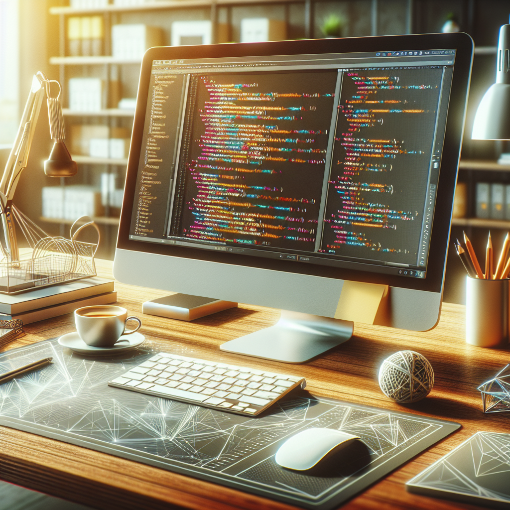 A computer screen displaying code with HTML, CSS, and JavaScript, set on a modern, clean desk with various items.