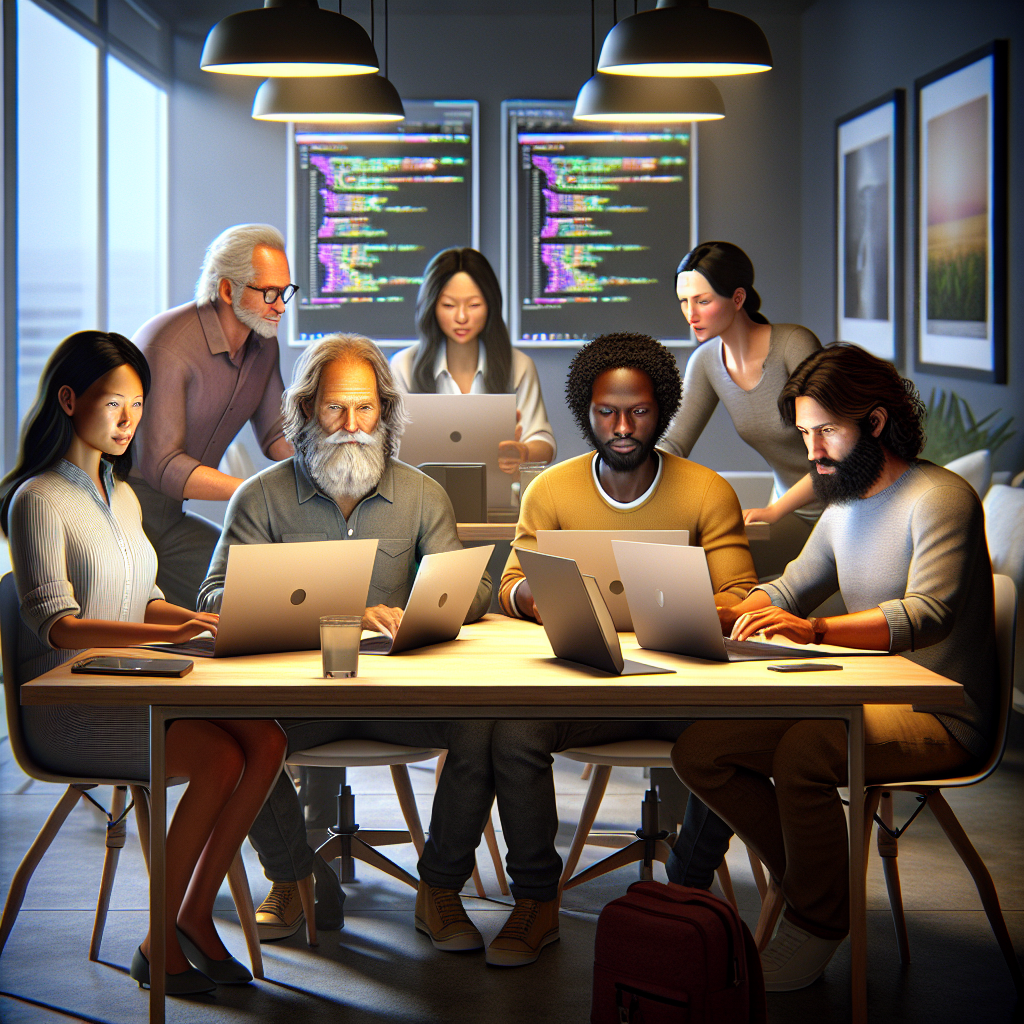 Developers working in a modern office setting with laptops displaying HTML, CSS, and JavaScript code.