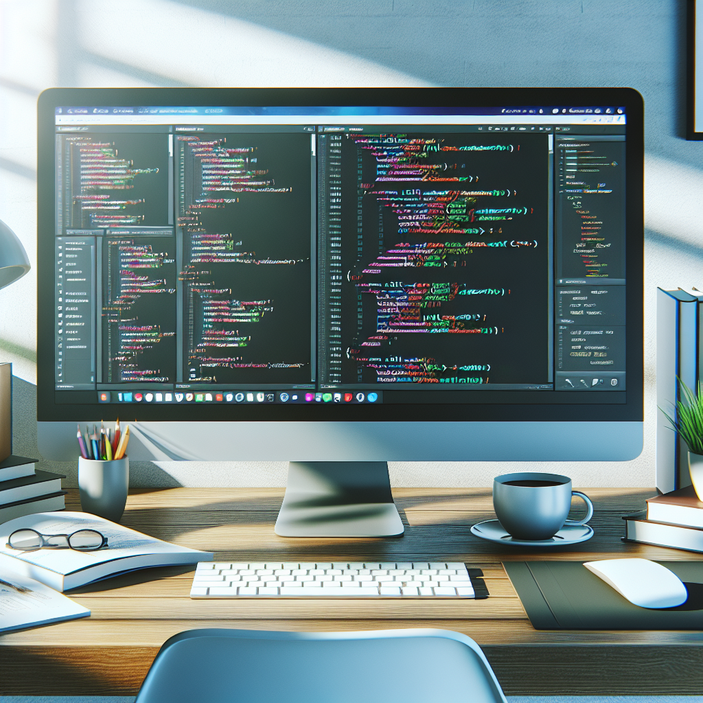 Web developer's neatly organized desk with a computer screen displaying HTML, CSS, and JavaScript code.