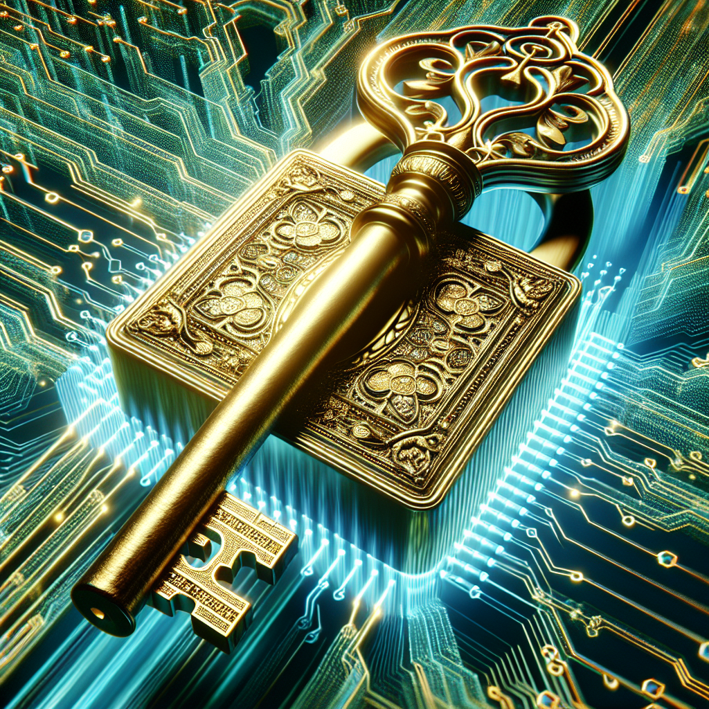 An antique golden key with intricate designs unlocking a glowing digital lock on a circuit board pattern, with a vibrant digital landscape in the background, symbolizing SEO as the key to online visibility.