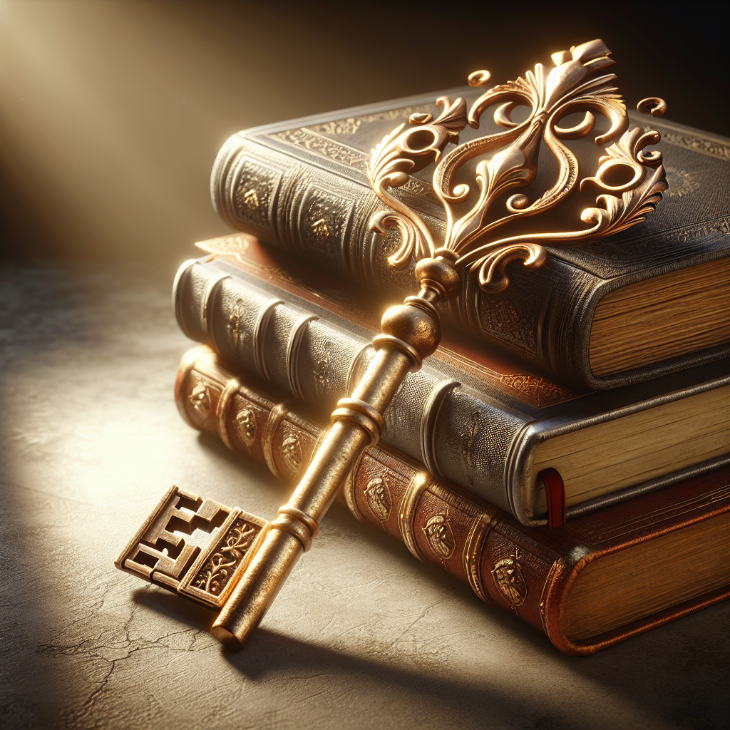 A vintage golden key on a stack of old leather-bound books in a warm lit environment.