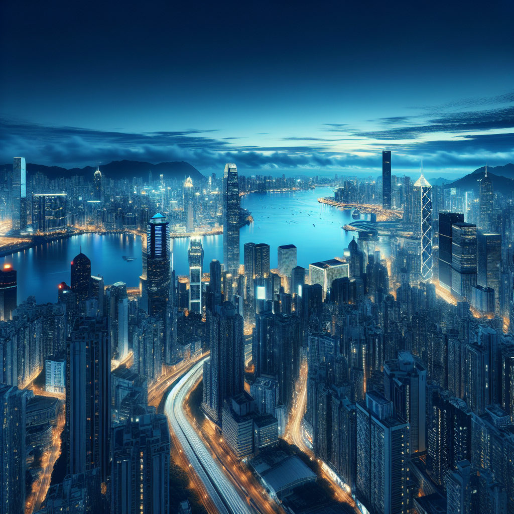 Urban skyline during the blue hour with illuminated buildings and river reflections.