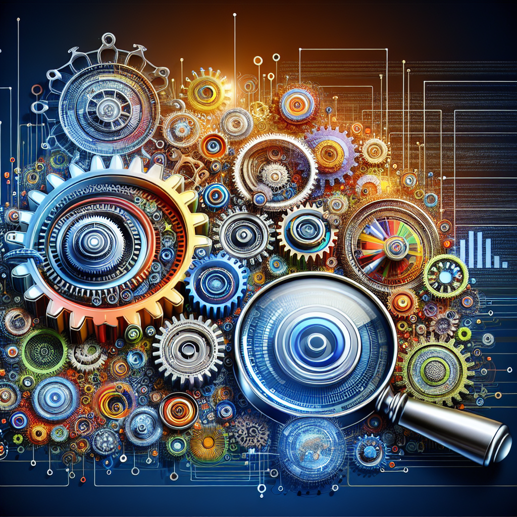 A conceptual and realistic representation of SEO fundamentals featuring gears, a magnifying glass, and digital landscapes.