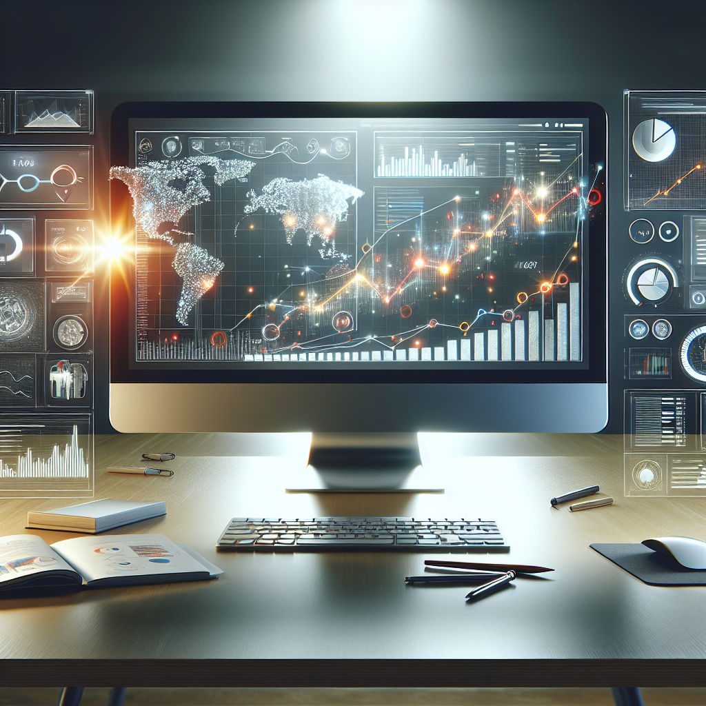 A modern digital marketing workspace with a computer displaying analytics, reflecting the concept of internet marketing excellence.