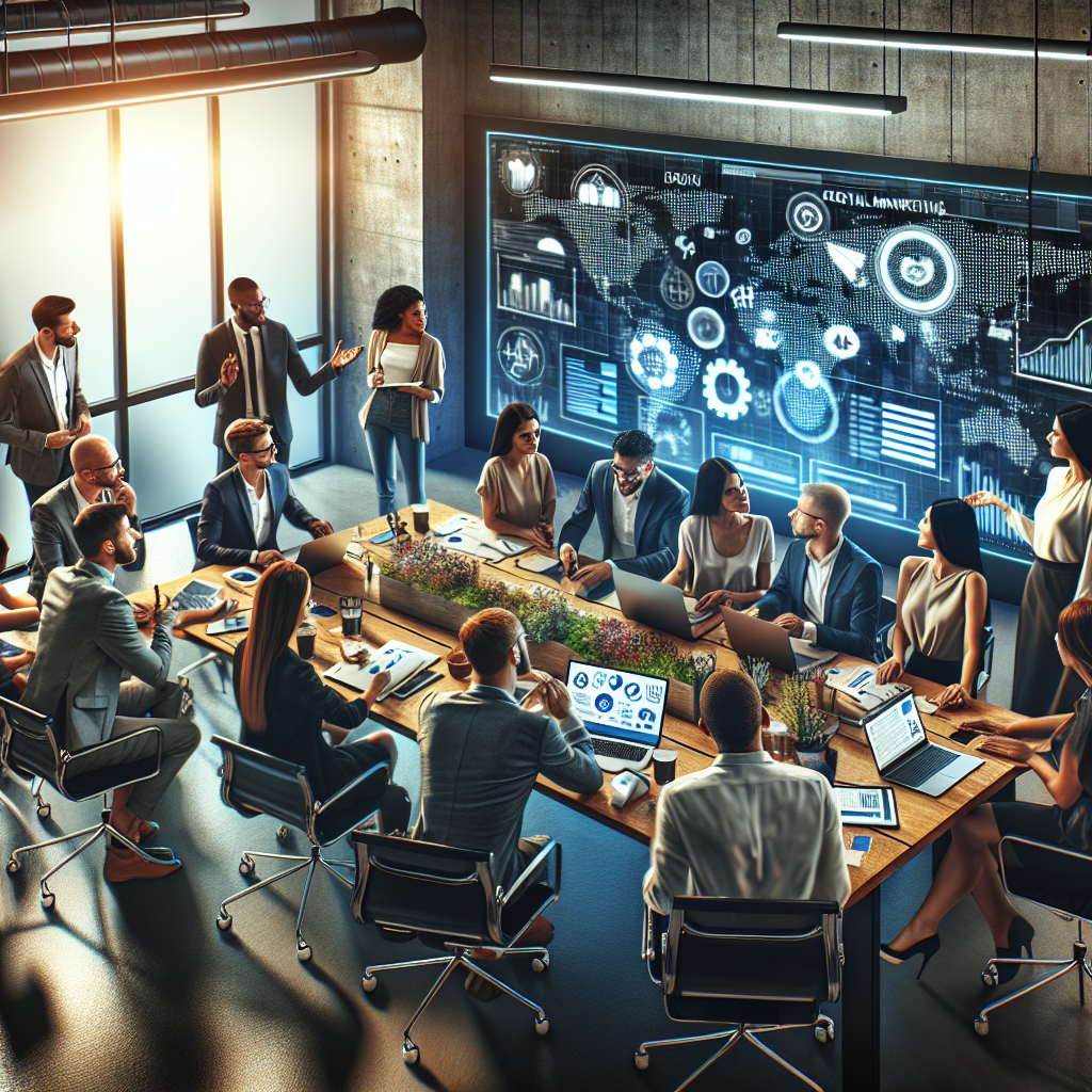 A team of professionals in a digital marketing meeting within a modern office, working with digital devices and marketing analytics.