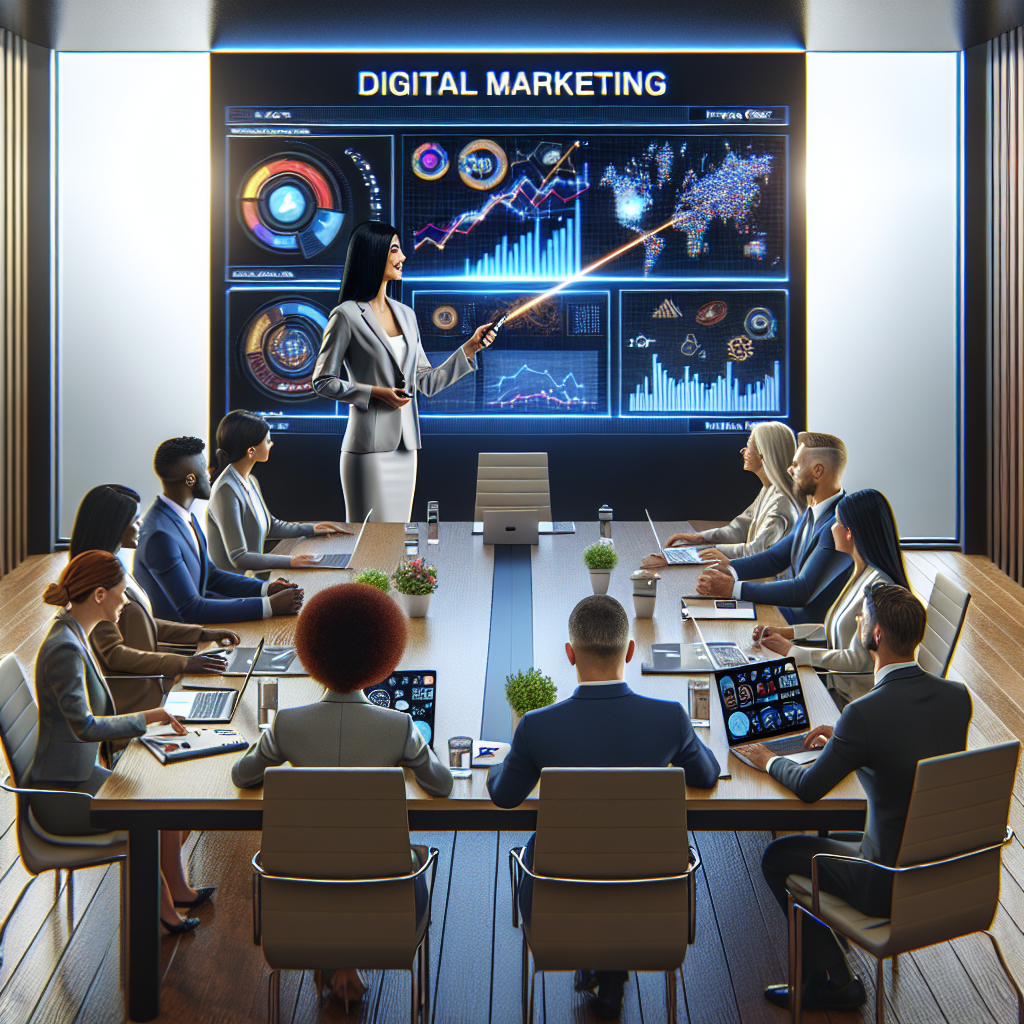 Realistic image of a digital marketing conference room with professionals and modern equipment.