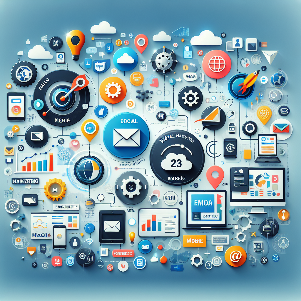 A visual representation of a digital marketing landscape encompassing various elements of digital marketing strategies and tools.