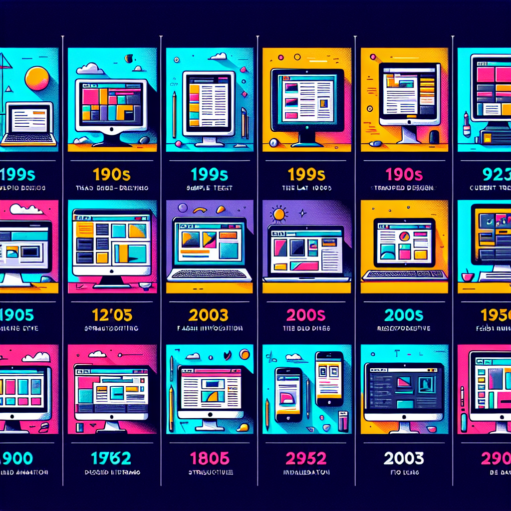 A timeline of web design evolution from the 1990s to the present, represented through the styles shown on computer screens.
