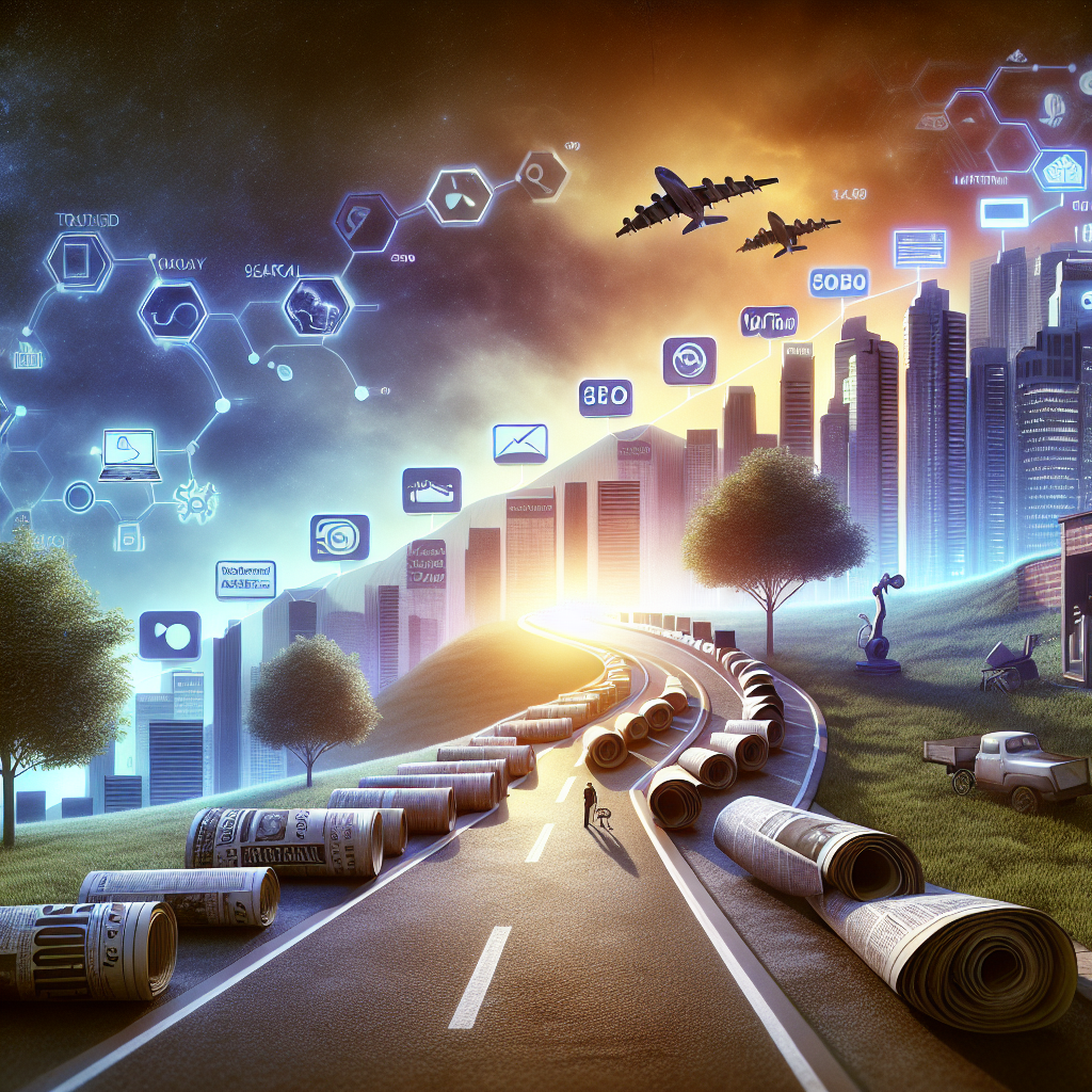 An illustration of the evolution of internet marketing, from early newspaper ads to modern digital marketing techniques.