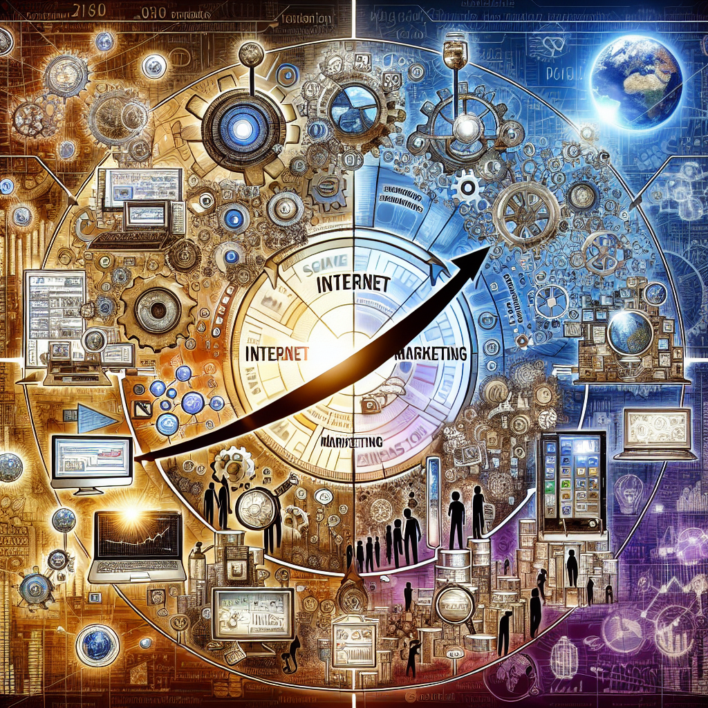 An artistic interpretation of the evolution of internet marketing, including elements such as SEO, social media, and data analytics over time.