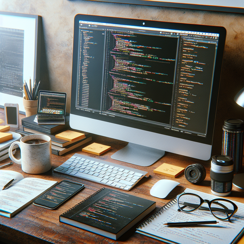 Realistic image of a web developer's desk with modern computer displaying code, surrounded by programming books, notes, a cup of coffee, and various tech gadgets.
