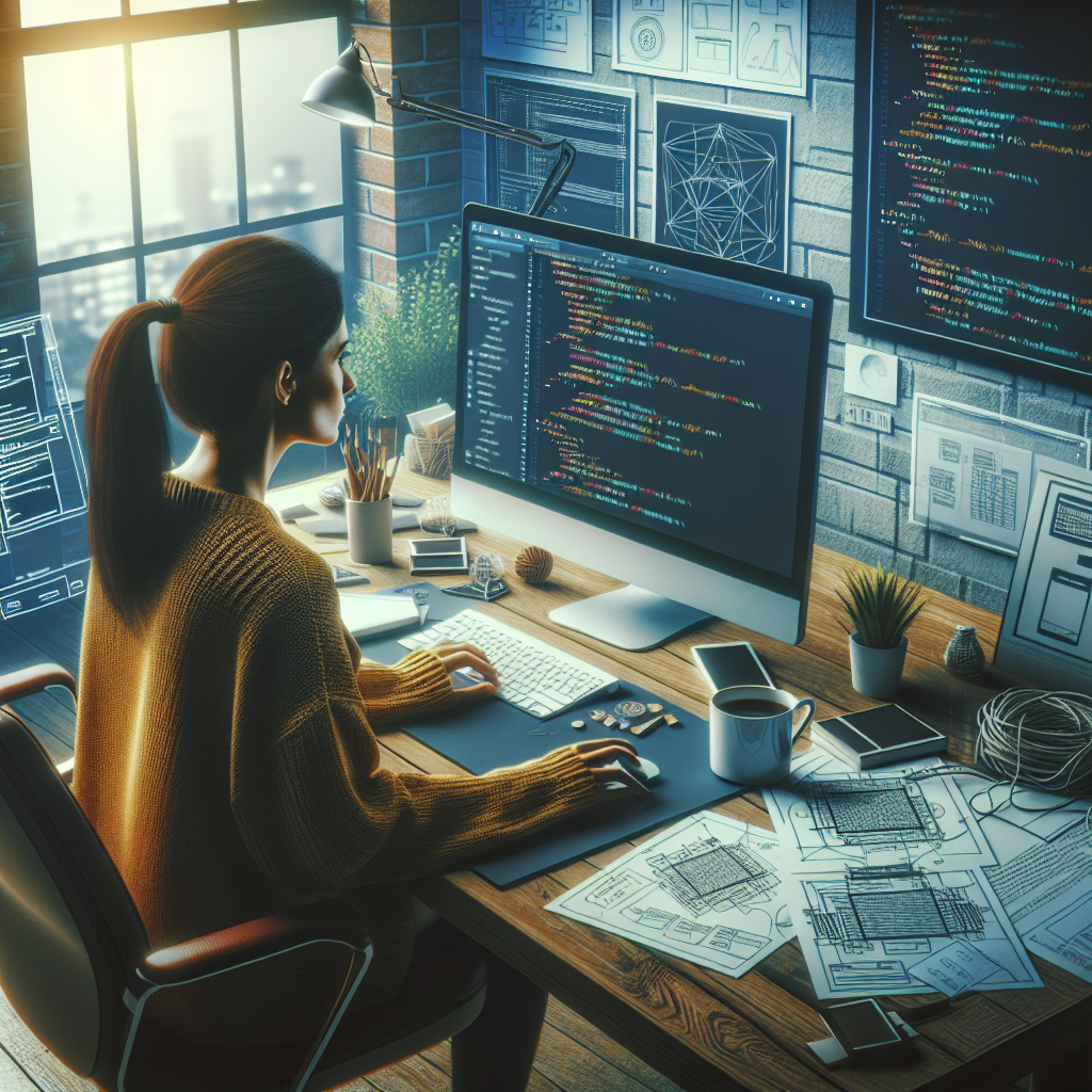 A computer with code on the screen, web design diagrams, and a cup of coffee in an office setting, representing web development fundamentals.