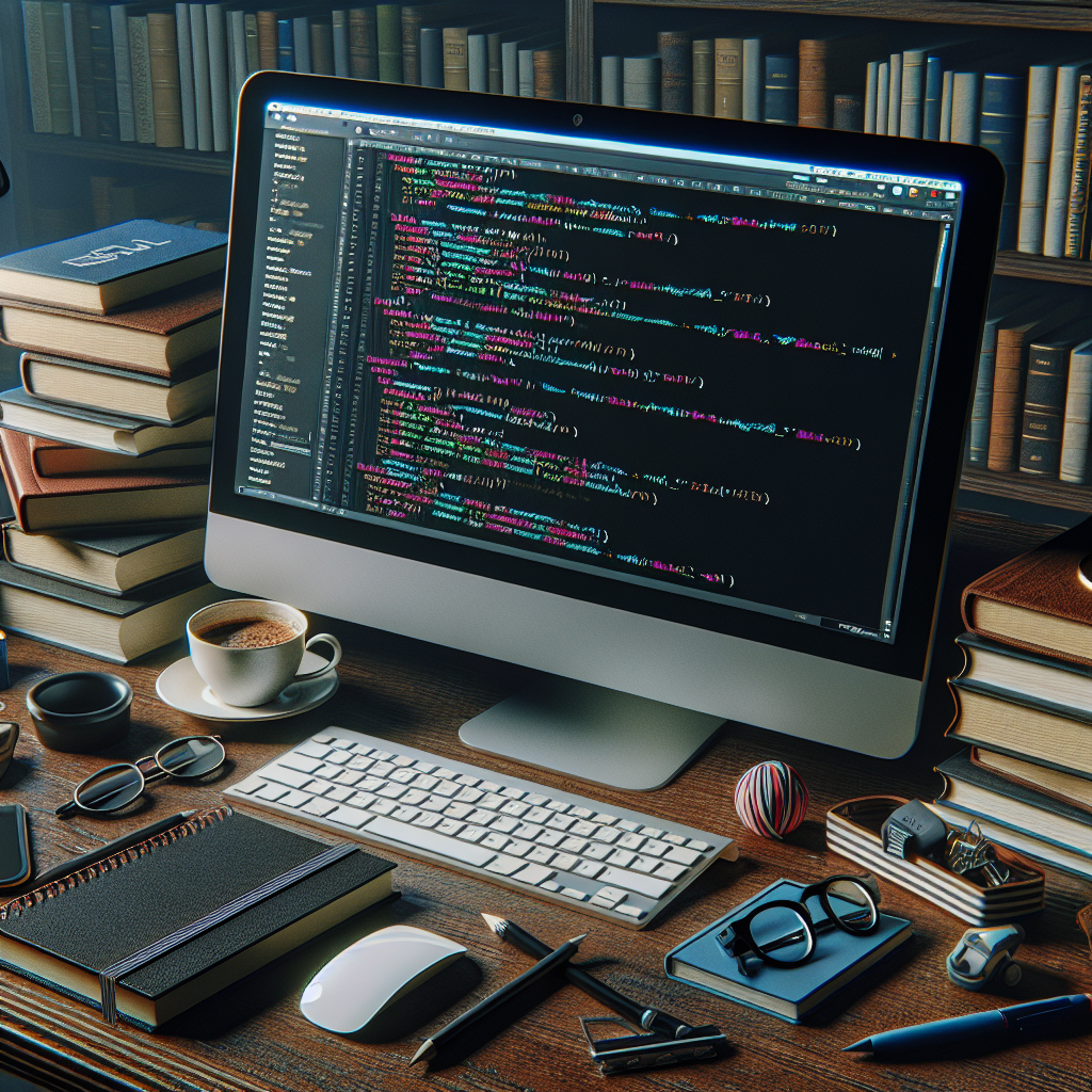 A computer displaying code, surrounded by web development books, notepads, and a coffee cup, on a desk.