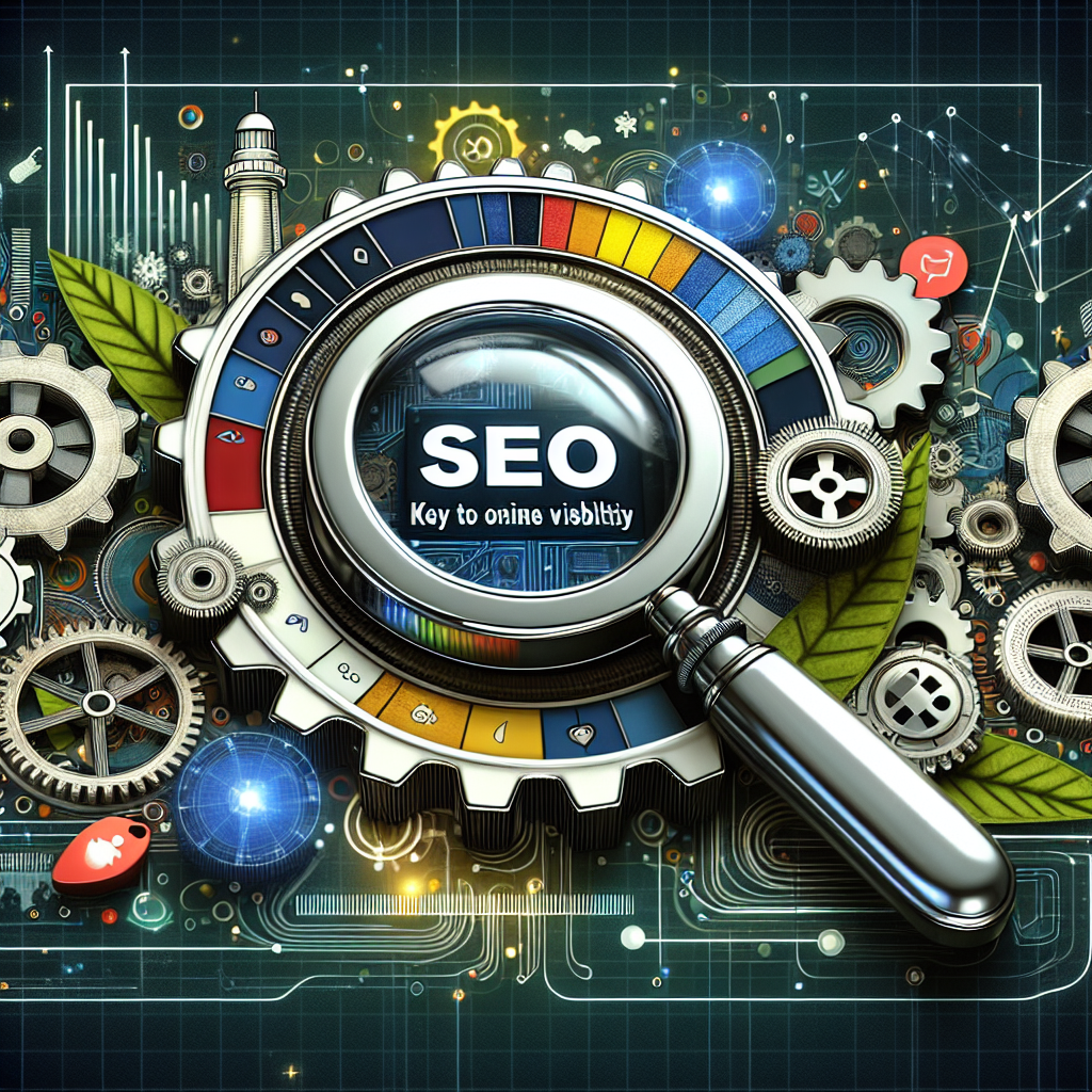Artistic representation of SEO concept with a magnifying glass, gears, and keys.