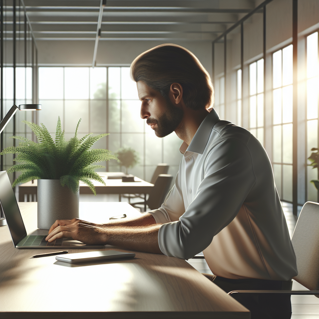 A man working on a laptop in a modern, minimalist workspace with large windows.