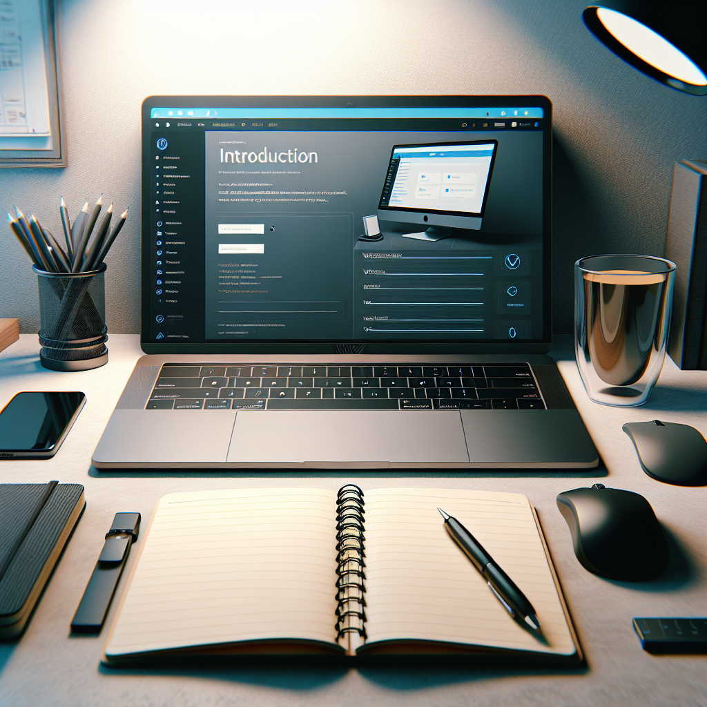 Realistic image of a workstation with a laptop displaying a WordPress dashboard.