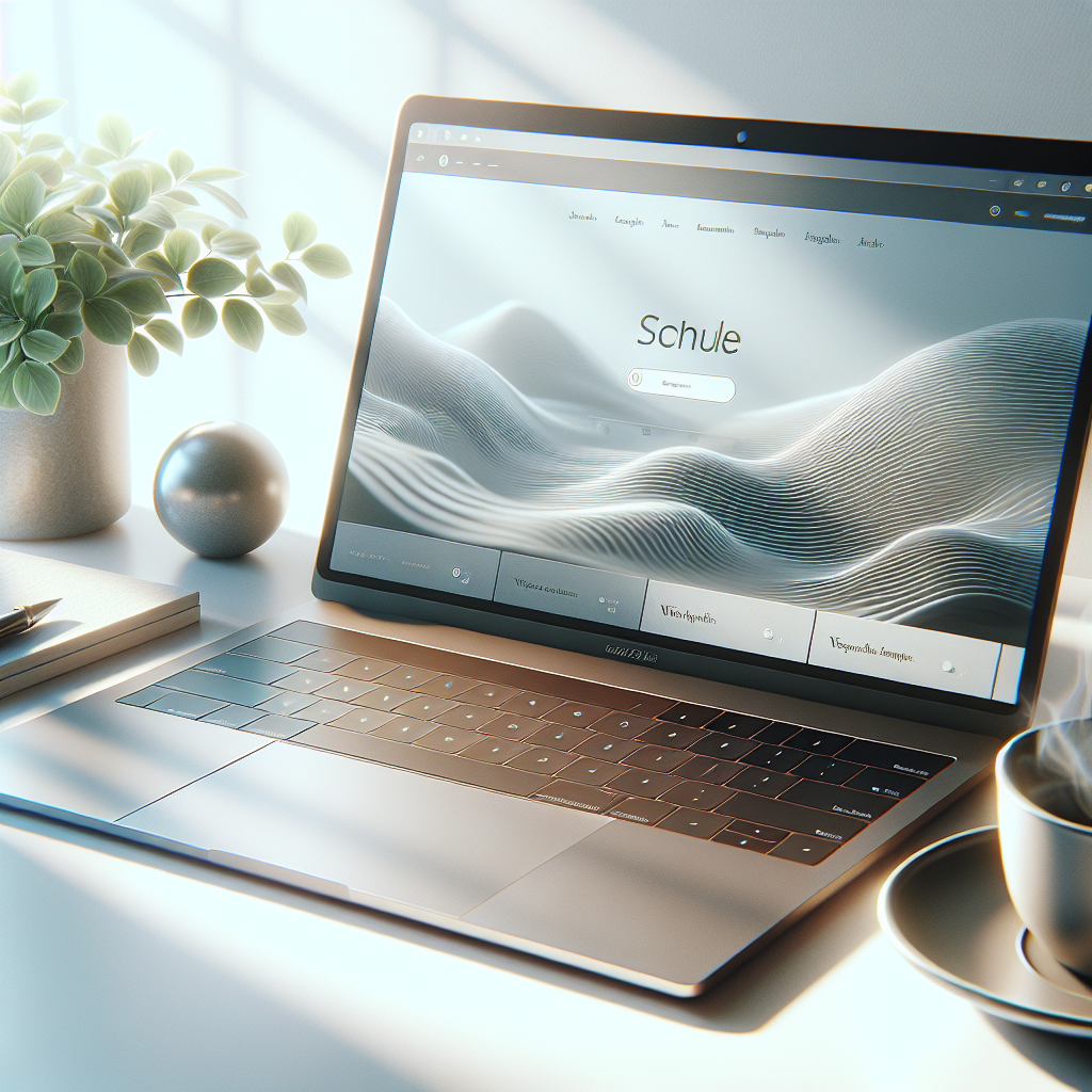 A realistic depiction of a laptop showcasing a modern website design on a minimalist desk.