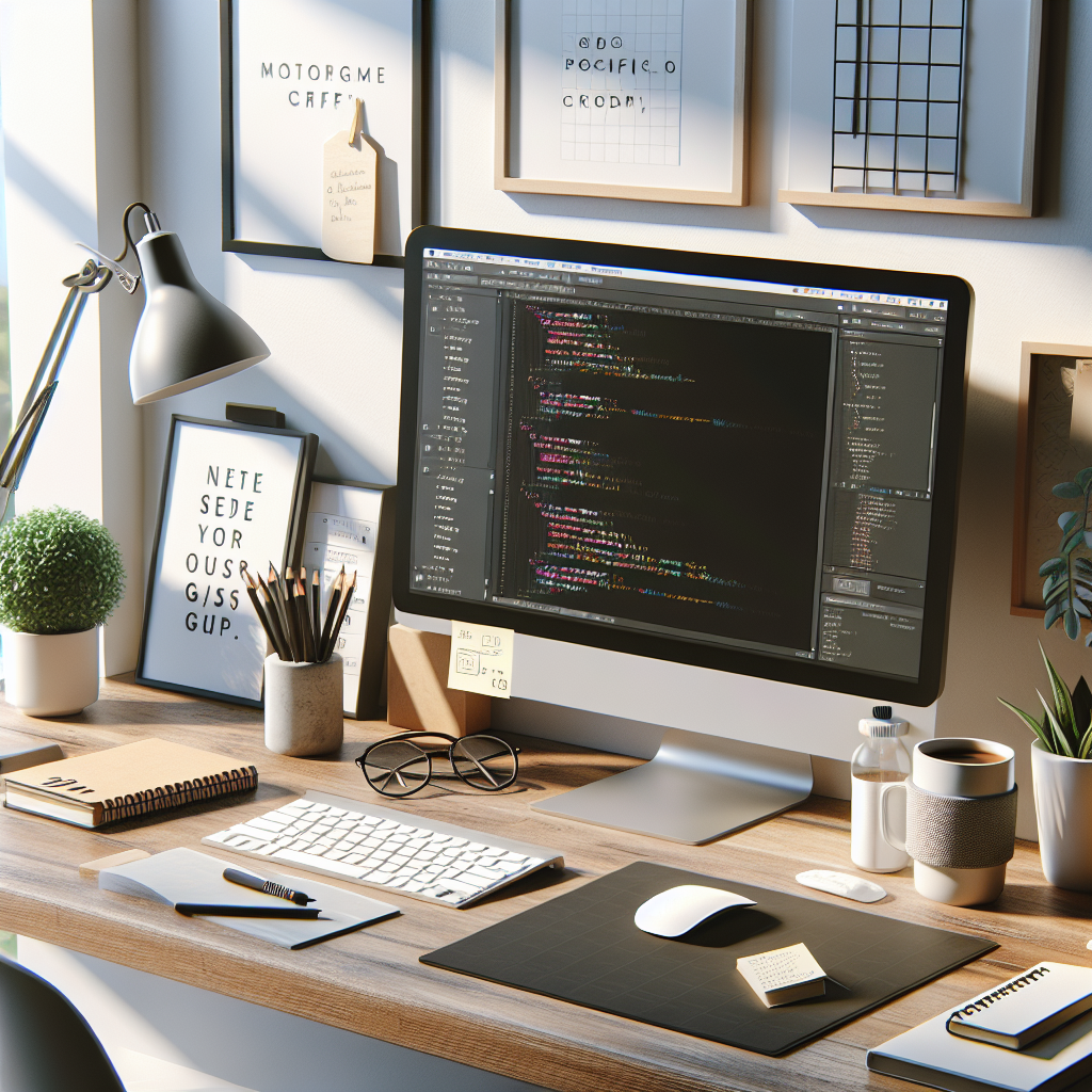 A realistic modern web development workspace with a computer monitor displaying code, a keyboard, a mouse, notebooks, a cup of coffee, and desk decorations.