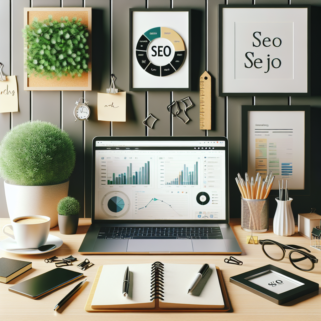 A realistic depiction of a modern workspace for digital marketing or SEO.