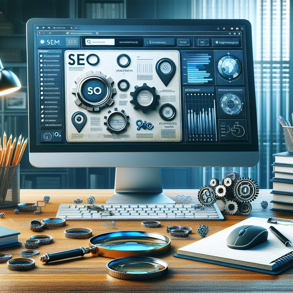 Realistic depiction of SEO basics introduction with computer screen showing SEO dashboard and key elements like magnifying glass, gears, and notes.
