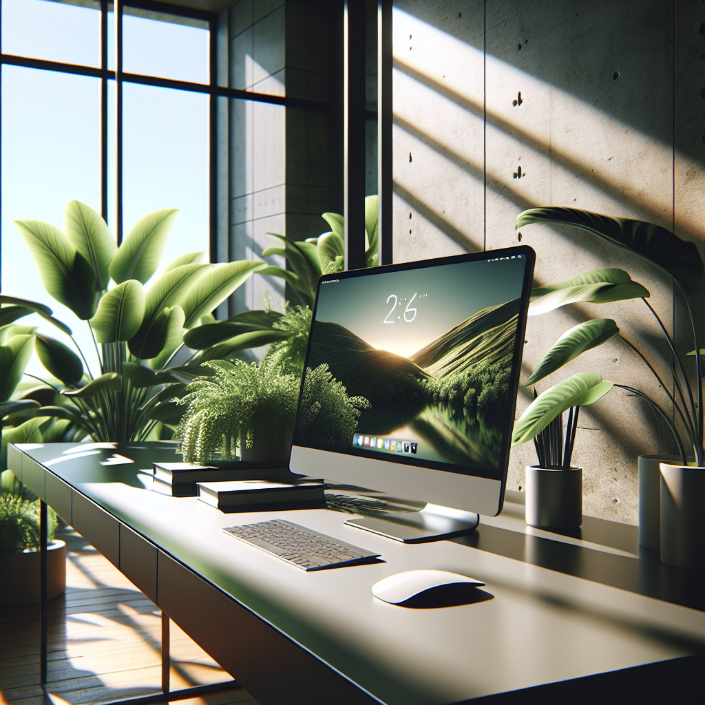 A realistic modern workspace with a minimalist desk, computer, indoor plants, and natural light from a large window.
