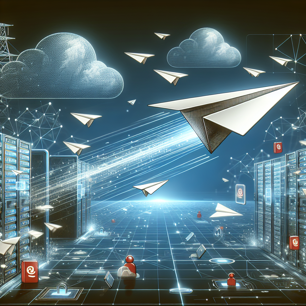 Realistic depiction of email deliverability with emails as paper planes flying through a digital sky.