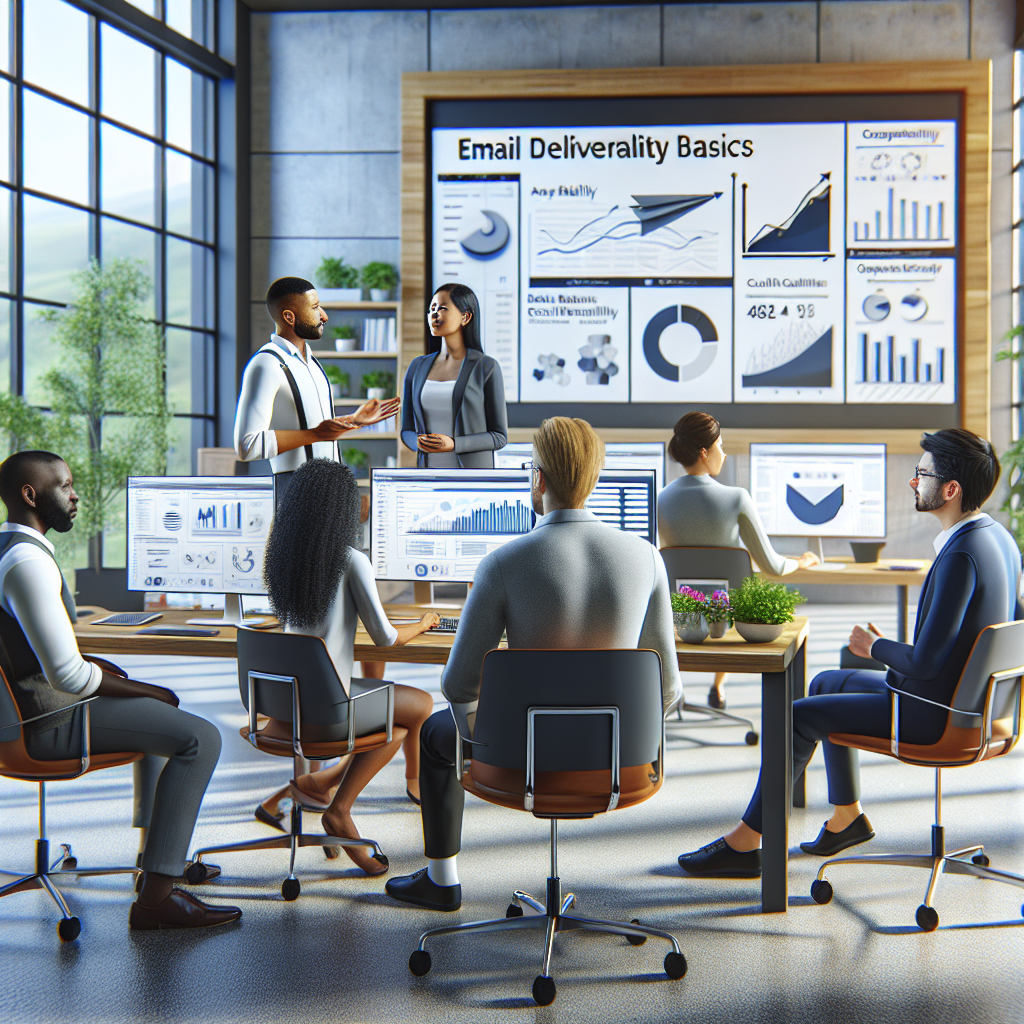 A realistic modern office with professionals discussing email deliverability, featuring computer screens with email analytics.