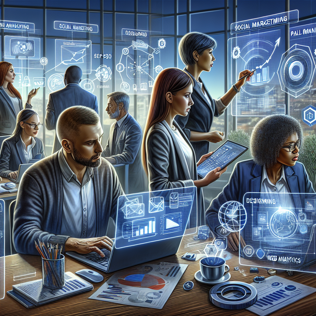 Realistic depiction of various internet marketing strategies with people collaborating on tech devices, graphs, charts, and social media icons.