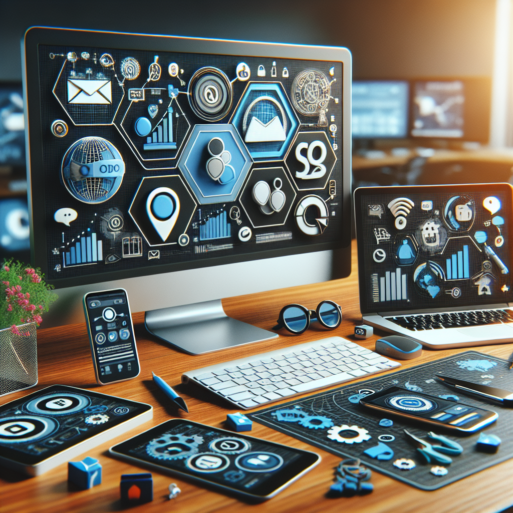 Realistic image of internet marketing strategies with various elements like social media platforms, SEO graphs, email marketing visuals, and content creation icons.