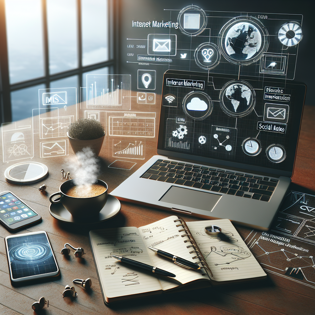 Realistic depiction of internet marketing strategies with laptop, smartphone, notepad, and coffee.