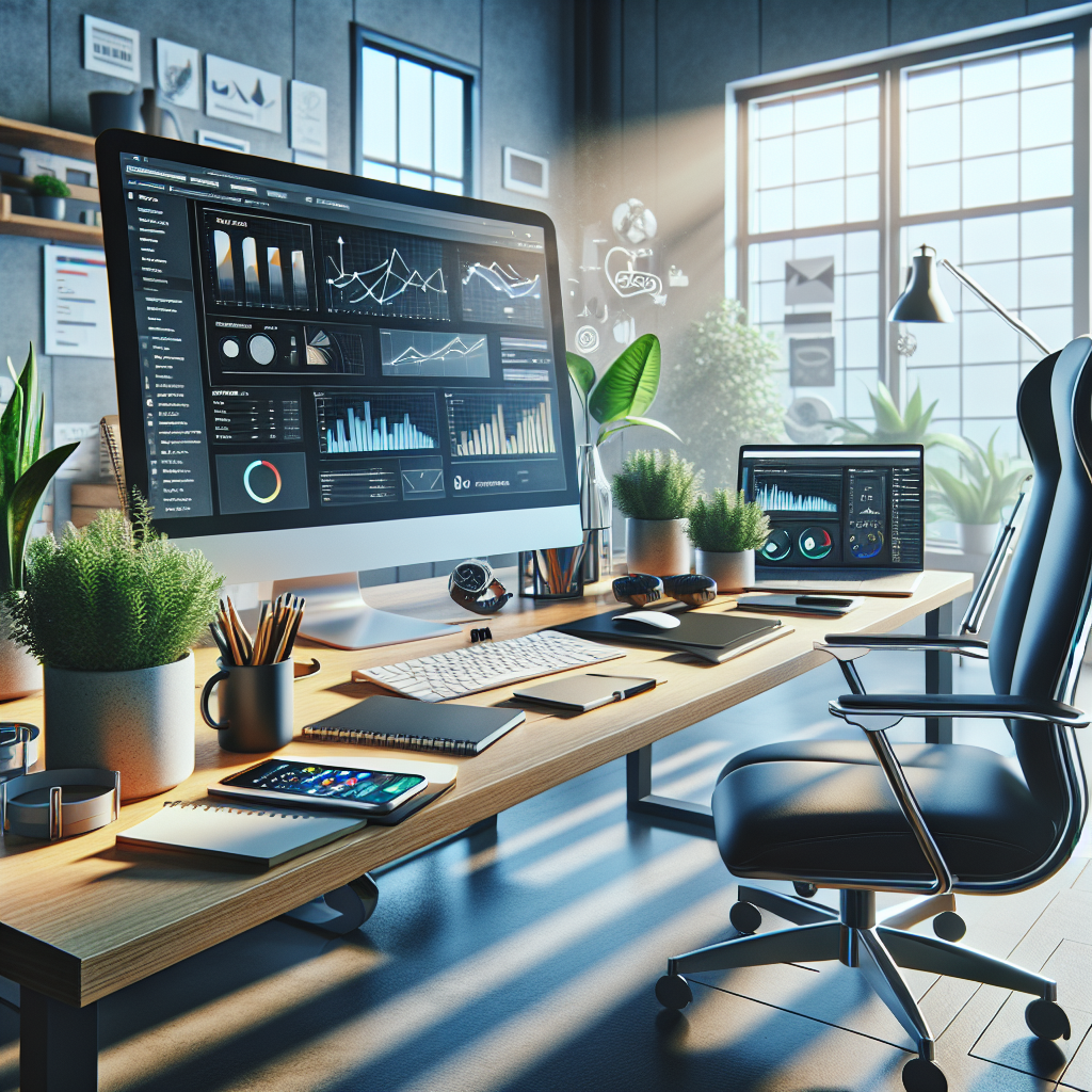 A realistic depiction of a modern internet marketing workspace.