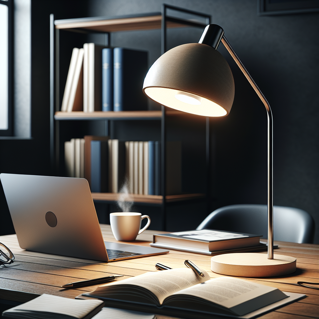 A modern desk lamp in a well-lit study room with a wooden desk, open laptop, books, and a cup of coffee.