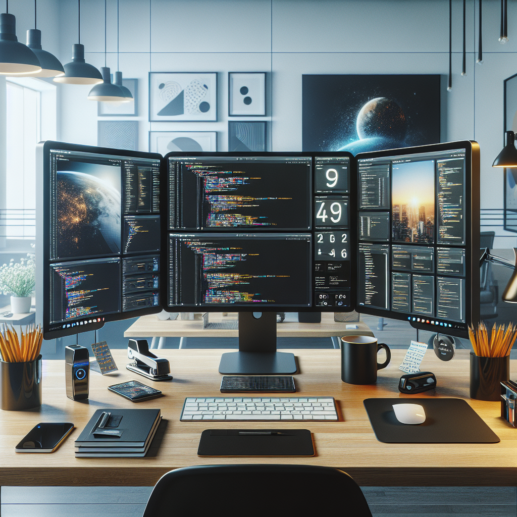 A professional workspace with a dual monitor computer setup, showcasing web design tools, and a minimalist, well-lit office environment.