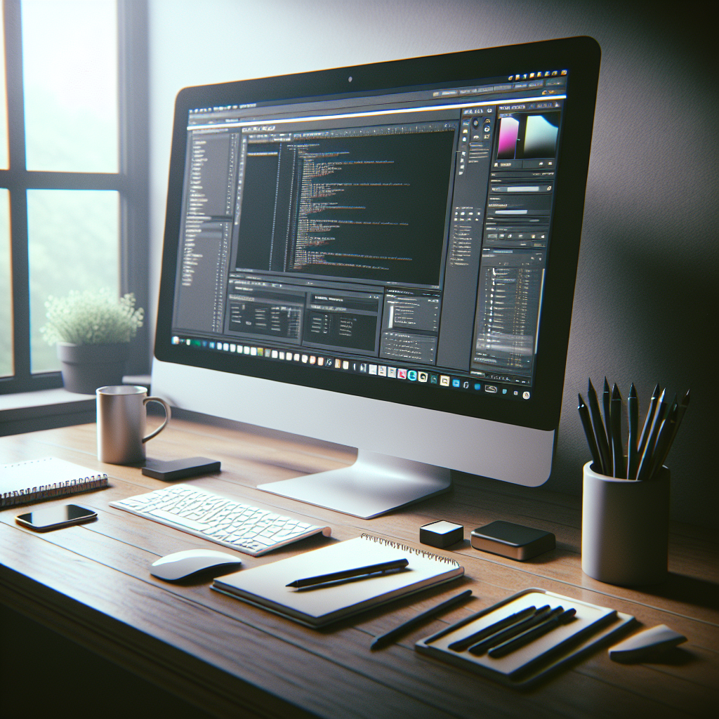 A realistic image of a web designer's workspace featuring the Google Web Designer interface on a computer screen.