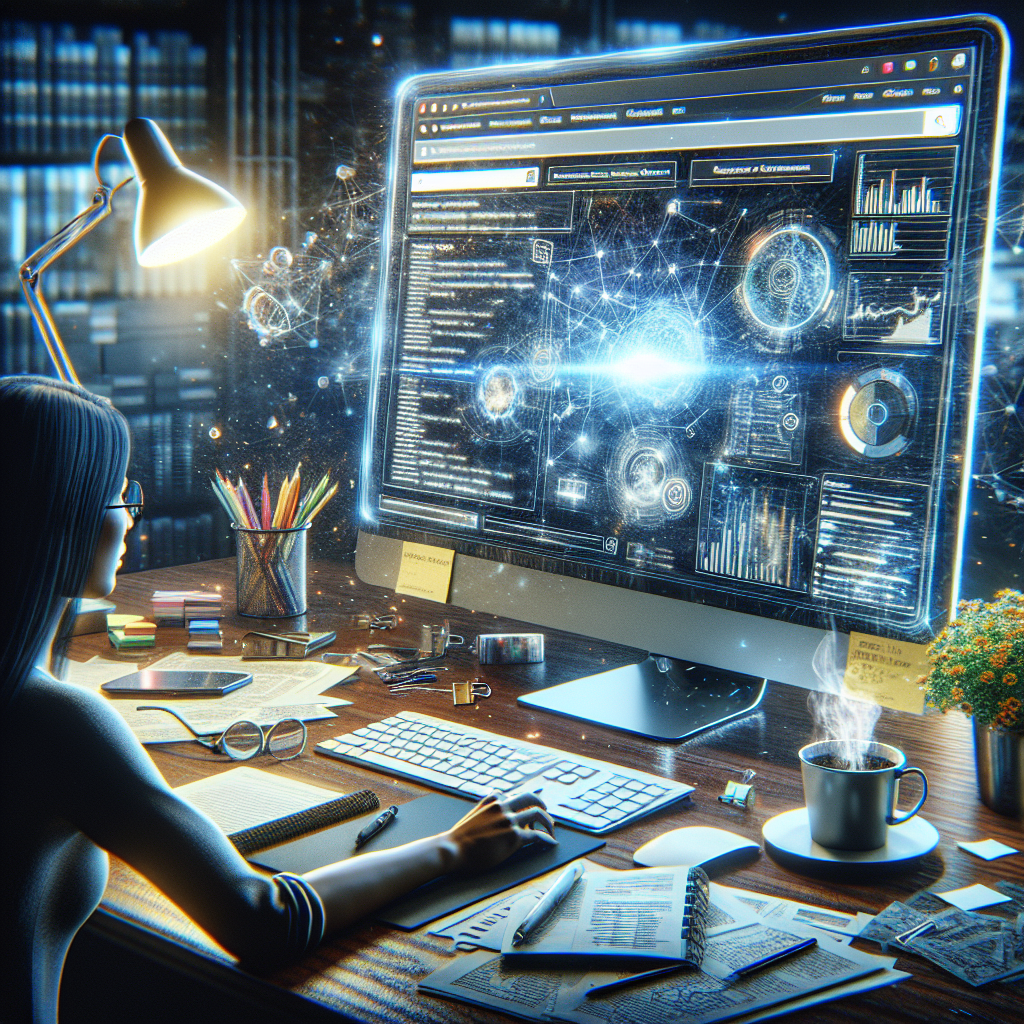 Realistic depiction of SEO with a computer screen showing web page and analytics in an office setting.