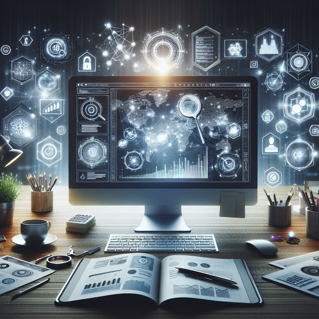 A realistic image of a professional workspace showcasing SEO tools and metrics on a computer screen.