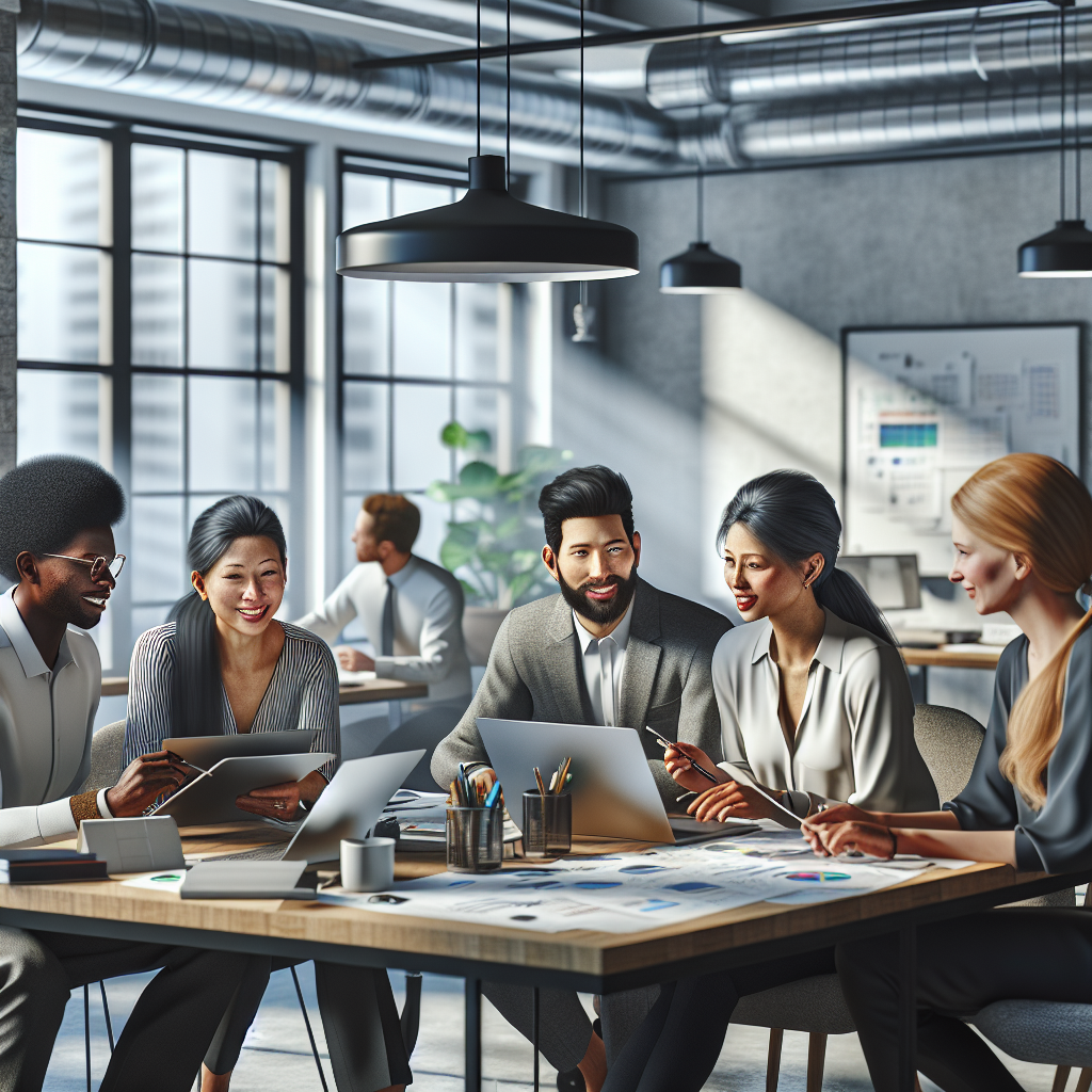 Diverse team collaborating in a modern office environment.